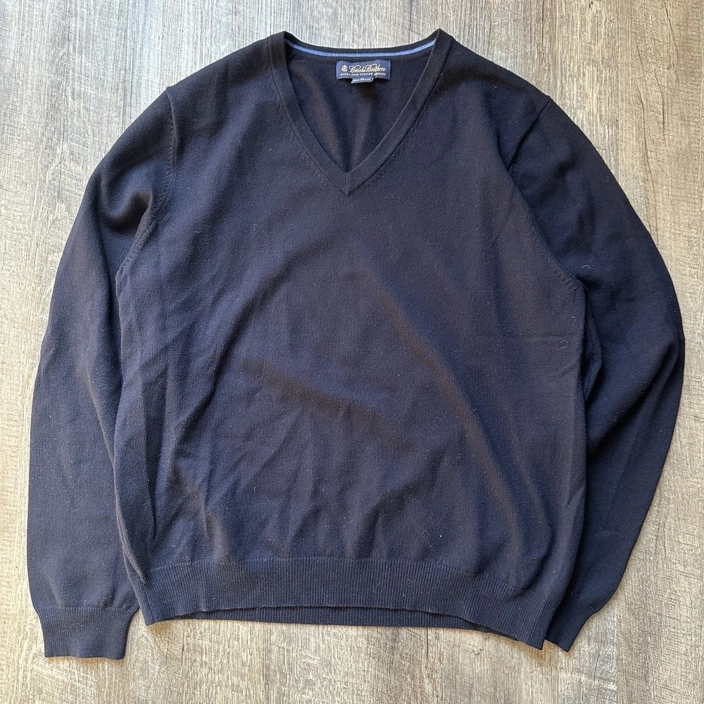 Brooks Brothers Extra‎ Fine Italian Merino Wool V-Neck Sweater Men Large Blue